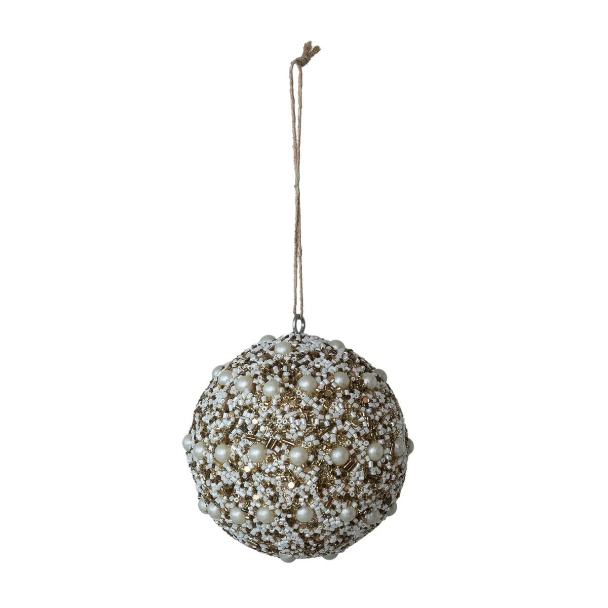 Glass Beaded Plastic Ball Ornament with Faux Pearls, Ivory Color & Gold Finish