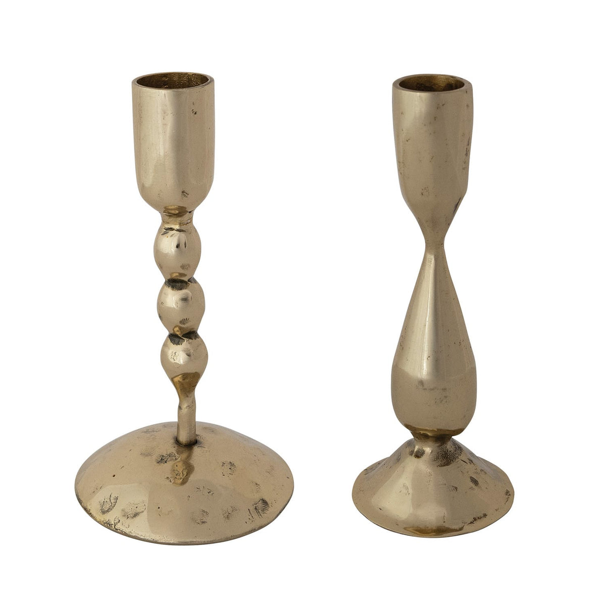 Two brass finish hand-forged metal taper candle holders with different stem designs
