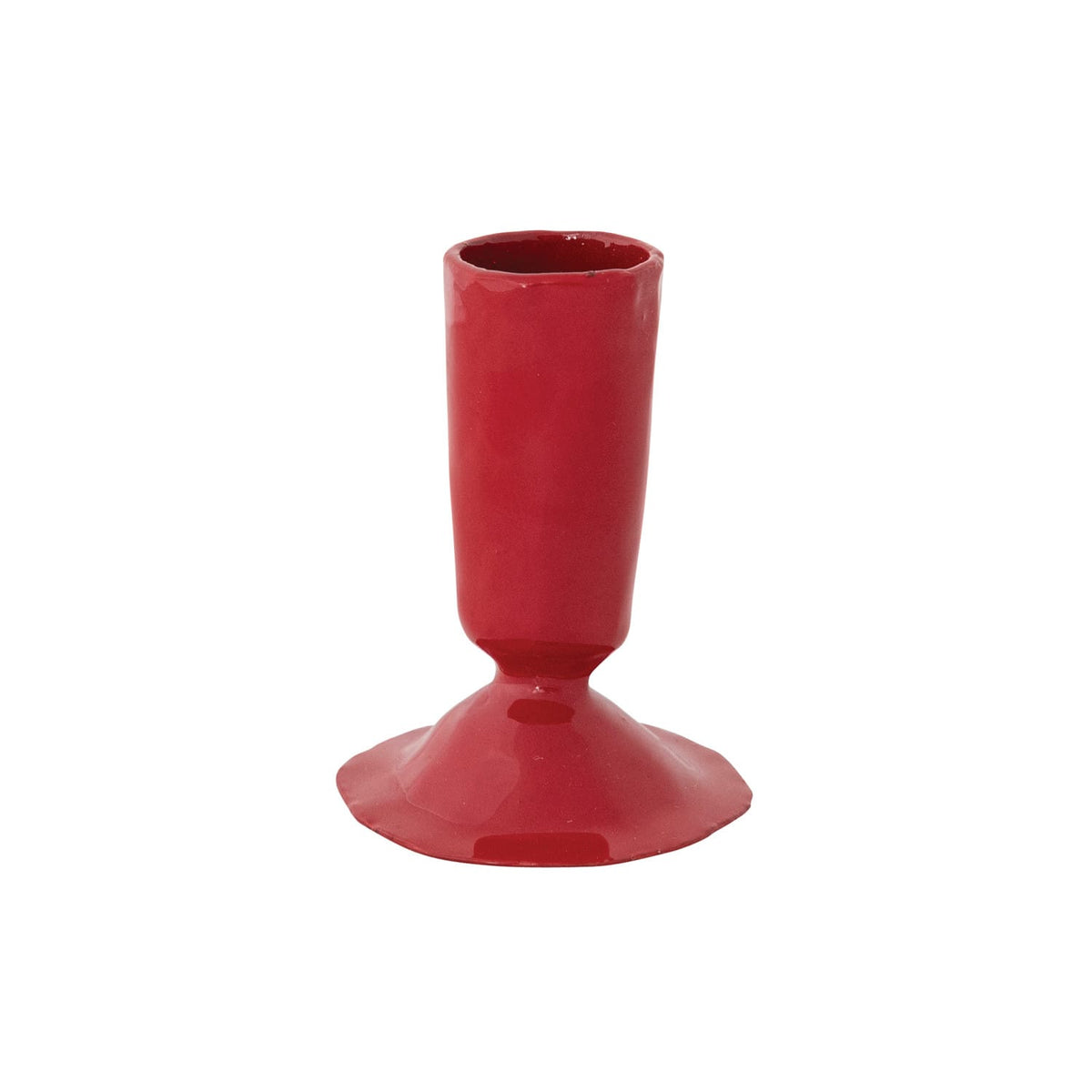 Red enameled cast iron taper candle holder with flared base and glossy finish