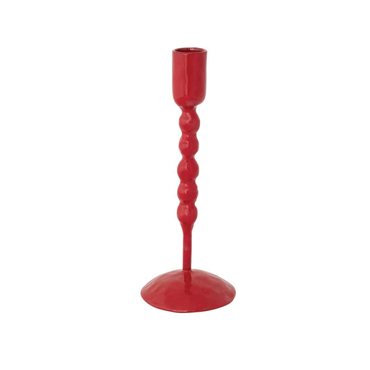 Red enameled cast iron taper candle holder with beaded stem and round base