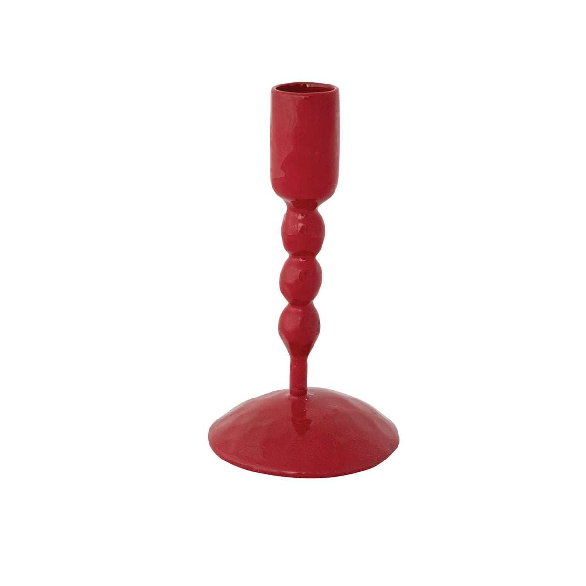 Red enameled cast iron taper candle holder with beaded stem and round base