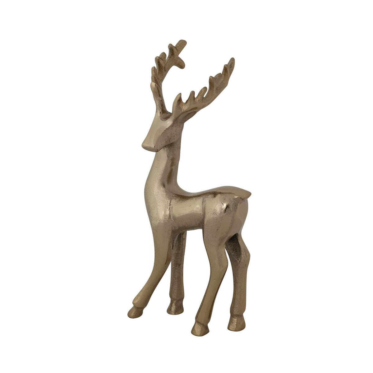 Gold cast aluminum standing reindeer figurine with antlers, metallic finish, 9.5 inches tall