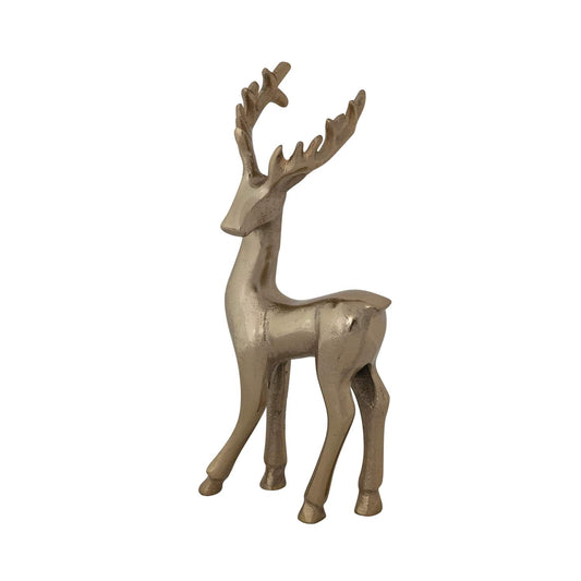 Gold cast aluminum standing reindeer figurine with antlers, metallic finish, 9.5 inches tall