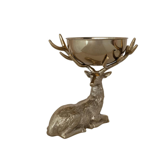 Gold cast aluminum reindeer figurine seated with antlers supporting a removable metallic bowl