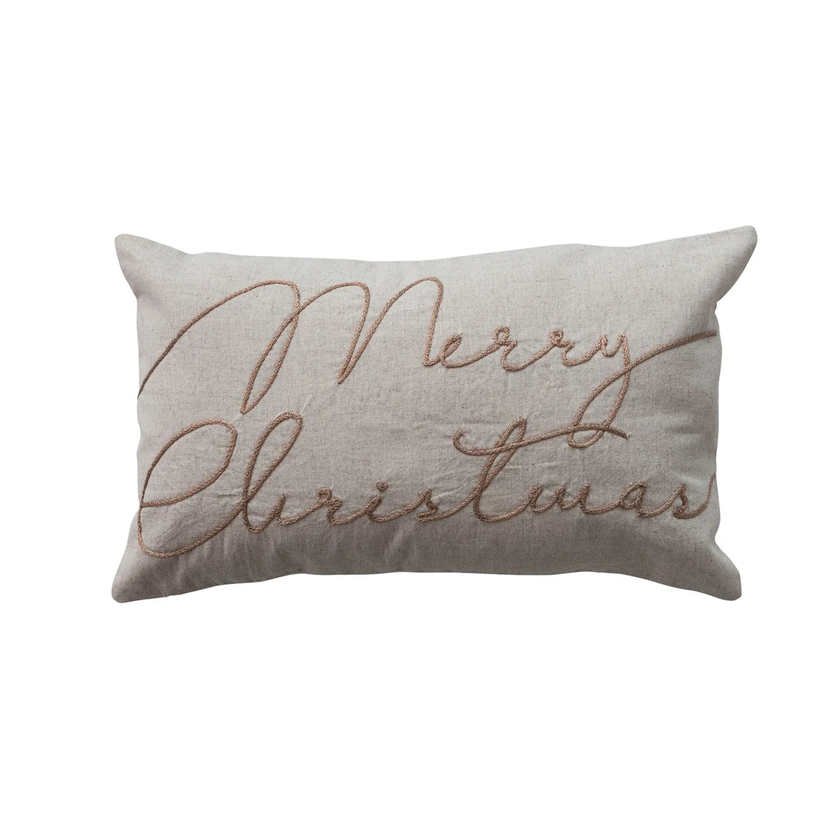 Natural linen lumbar pillow with copper embroidered Merry Christmas script lettering