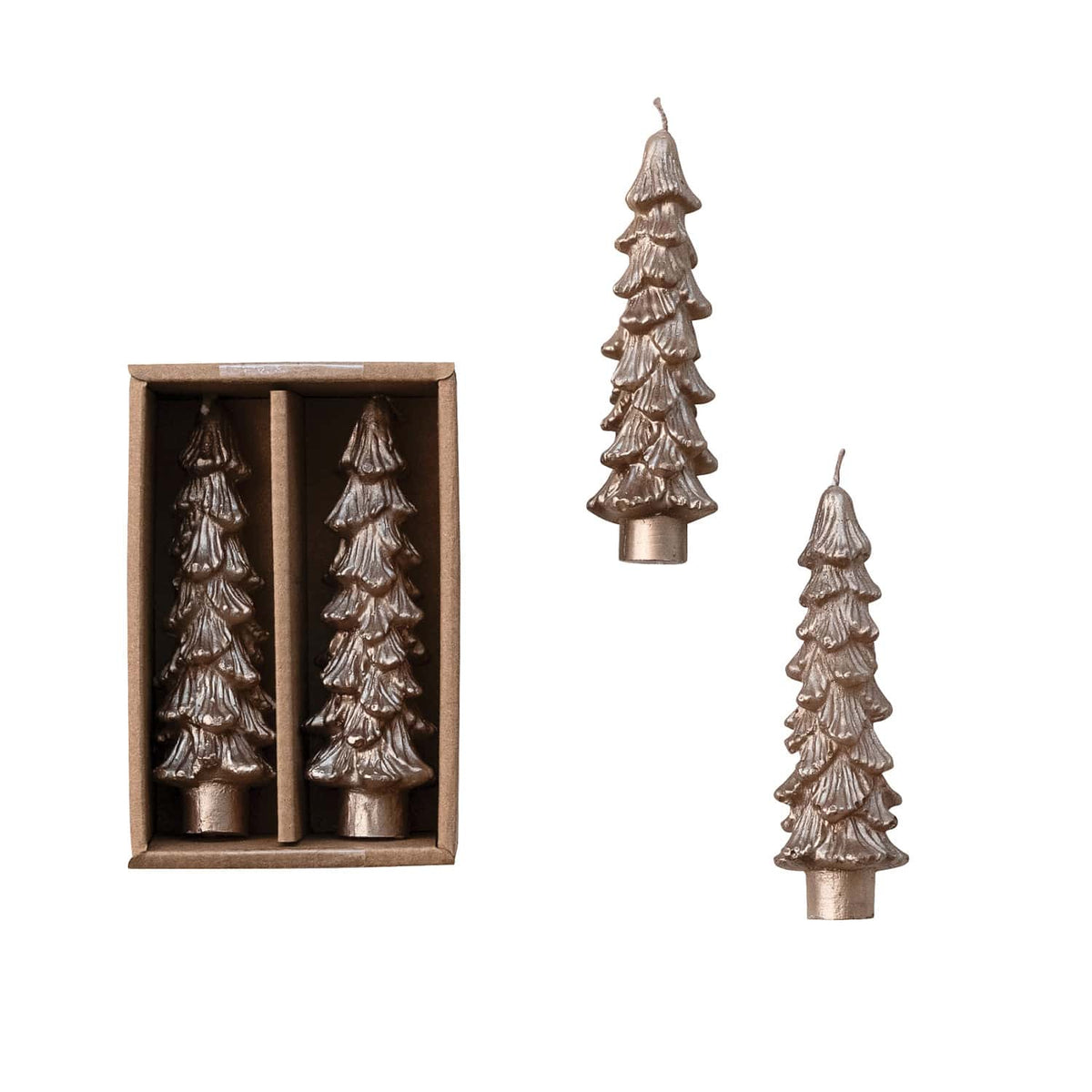 Champagne gold tree-shaped taper candles set of 2 in kraft box