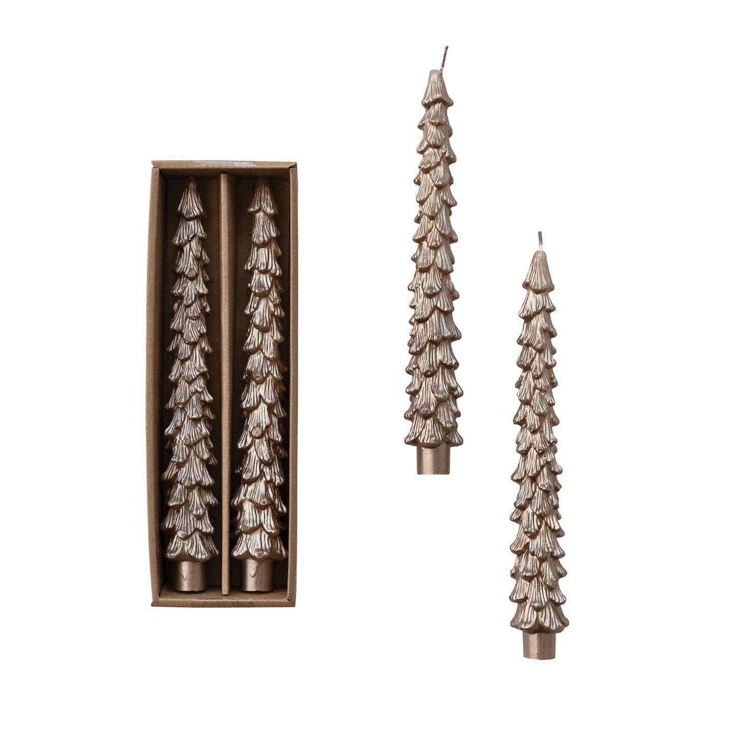Champagne gold tree-shaped taper candles set of two in kraft box, metallic finish