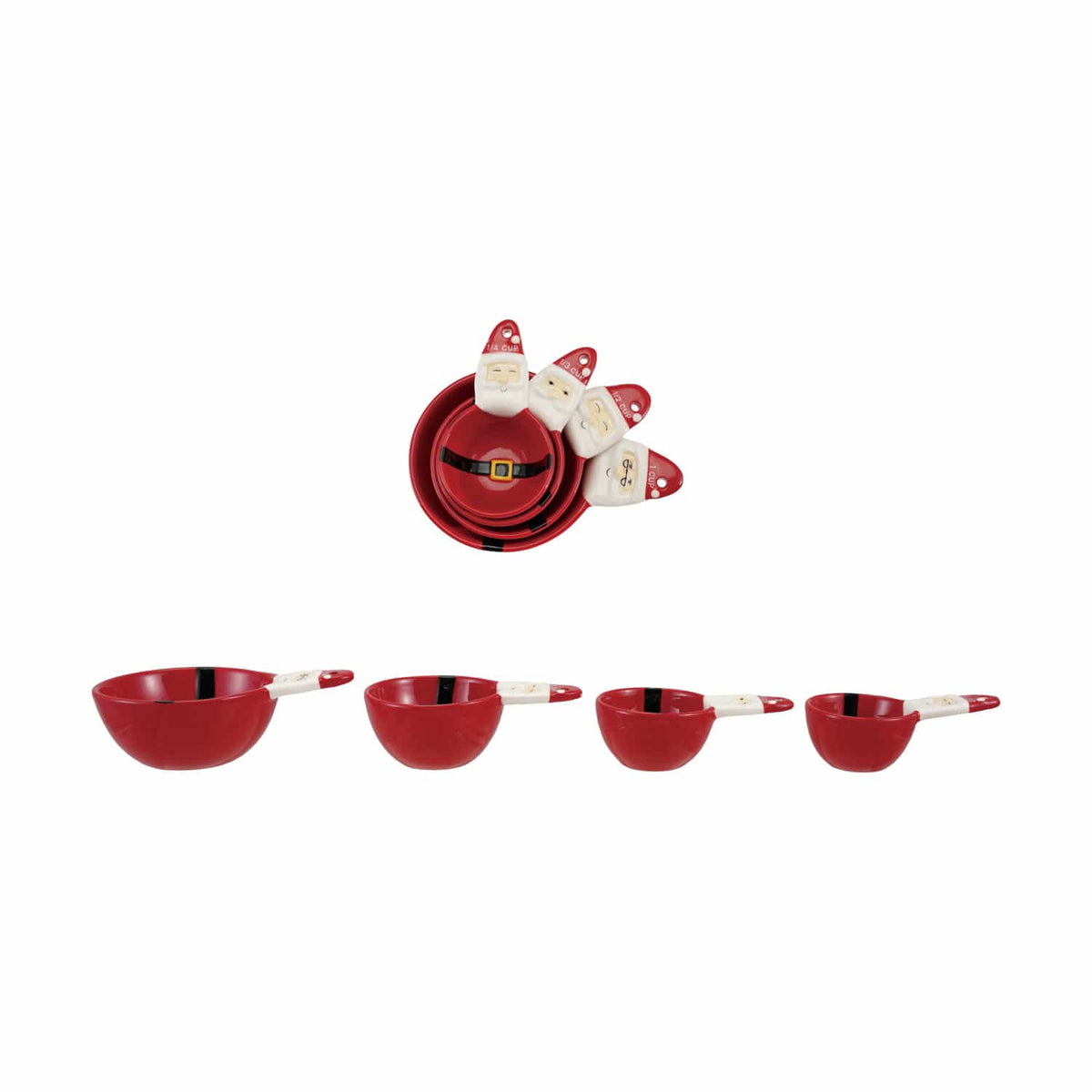Red ceramic Santa-shaped measuring cups set of 4 with white figural handles