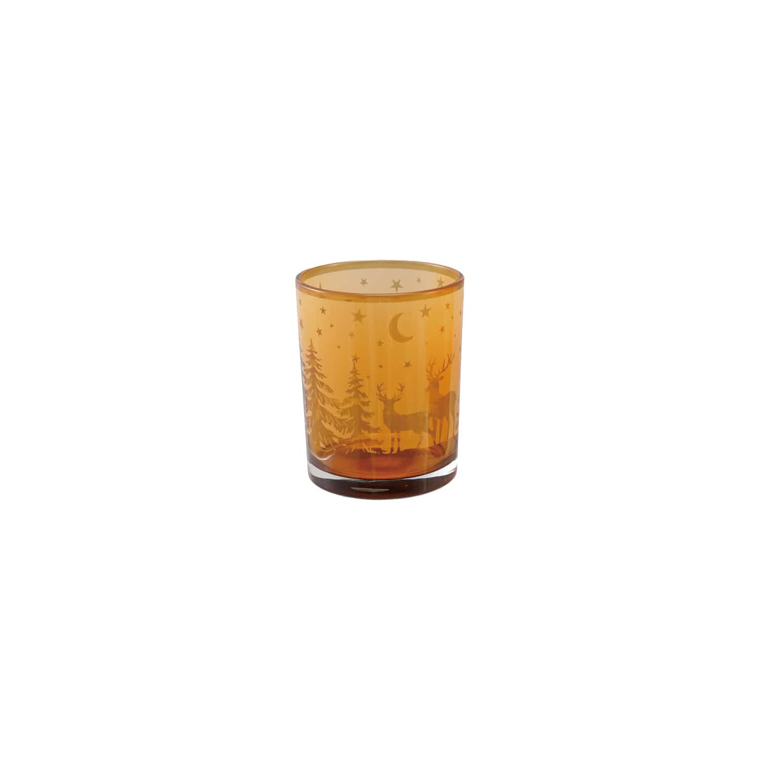 Amber glass tealight holder with etched deer, pine trees, moon, and stars