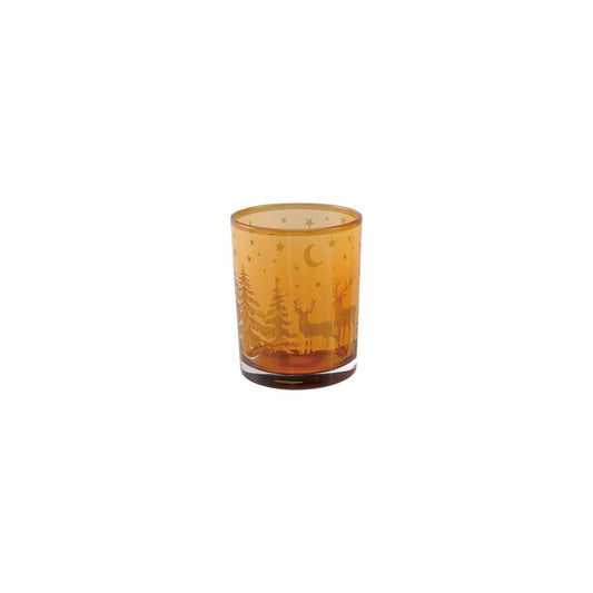 Amber glass tealight holder with etched deer, pine trees, moon, and stars