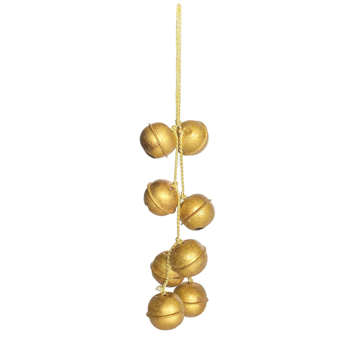 Gold finish metal jingle bell cluster ornament with braided cord, nine bells
