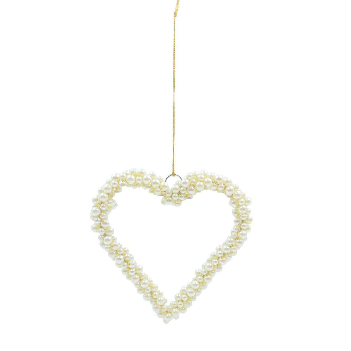Cream faux pearl beaded open heart ornament hanging from gold cord