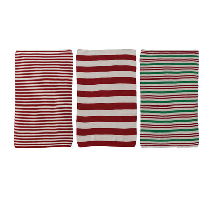 Set of 3 cotton knit striped tea towels in red, white, and green