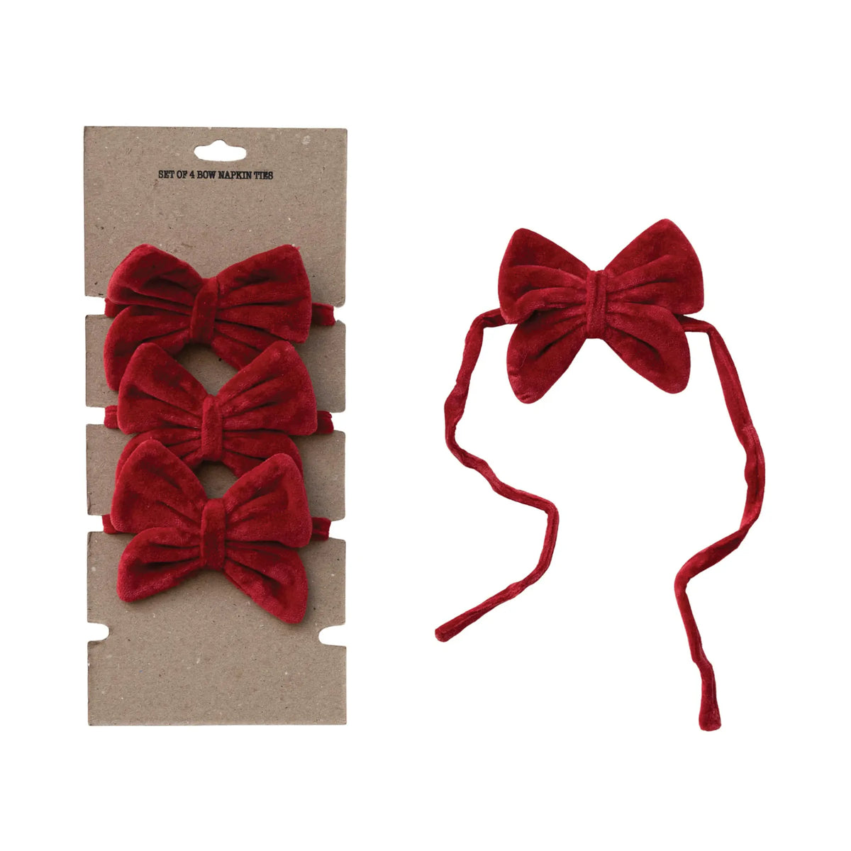 Set of four red velvet bow napkin ties on kraft card with single bow detail shown