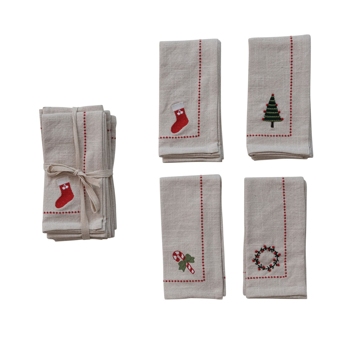 Set of 4 beige cotton napkins embroidered with stocking, tree, candy cane, and wreath motifs