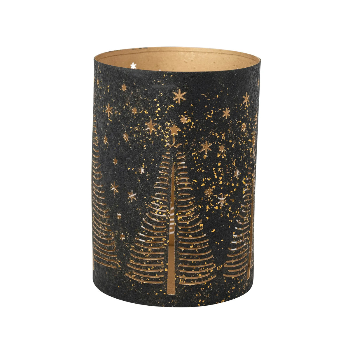 Black and gold cylindrical iron hurricane with laser cut Christmas trees and stars
