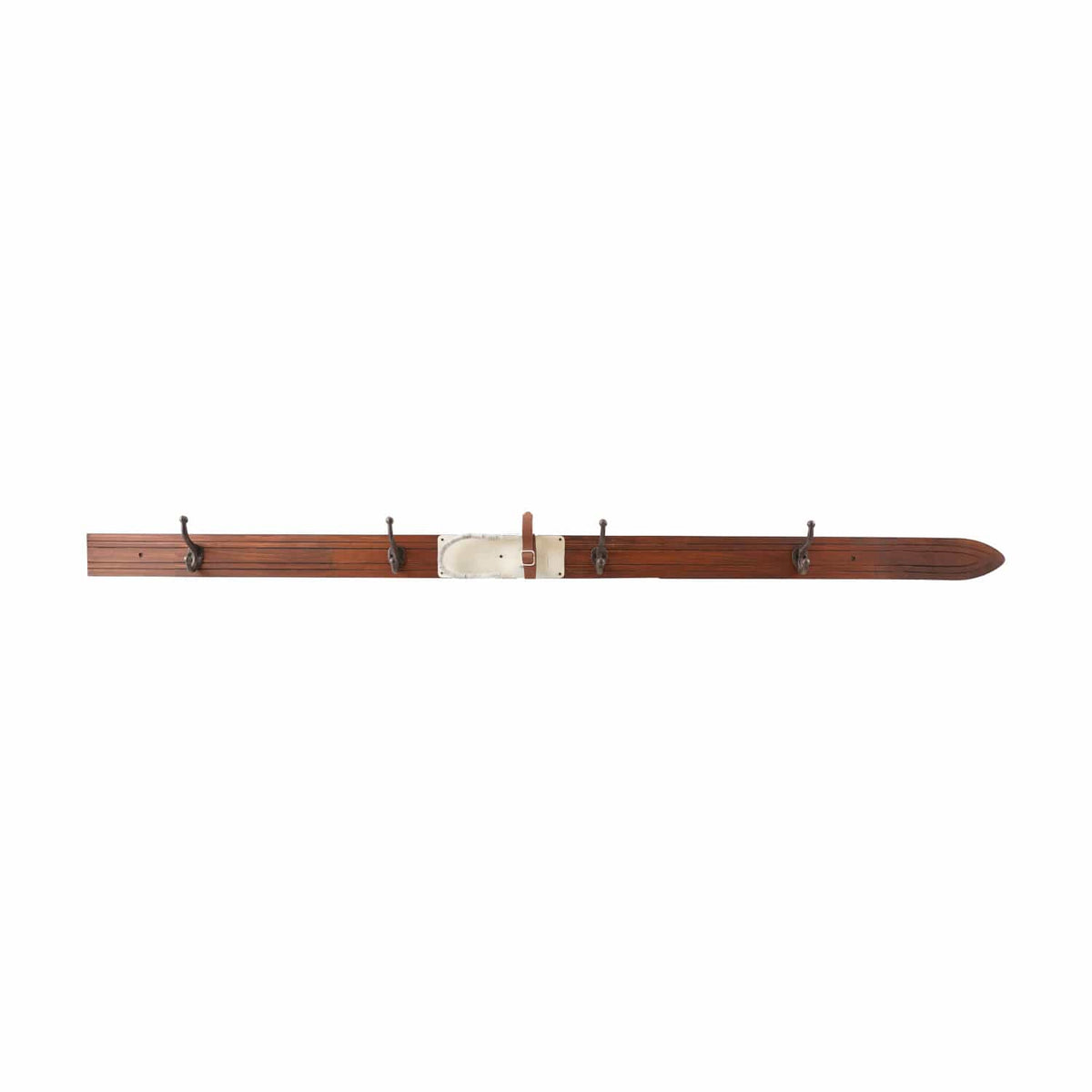 Rustic pine wood ski wall hook rail with 4 iron hooks and center binding detail