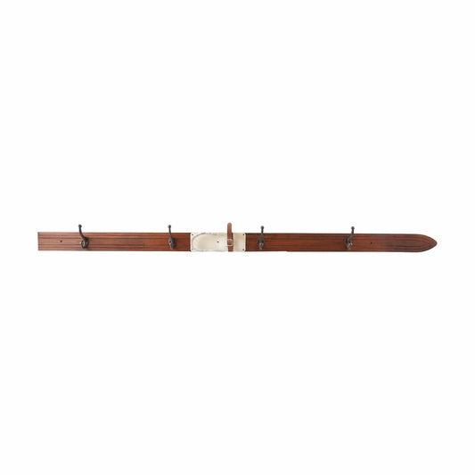 Rustic pine wood ski wall hook rail with 4 iron hooks and center binding detail