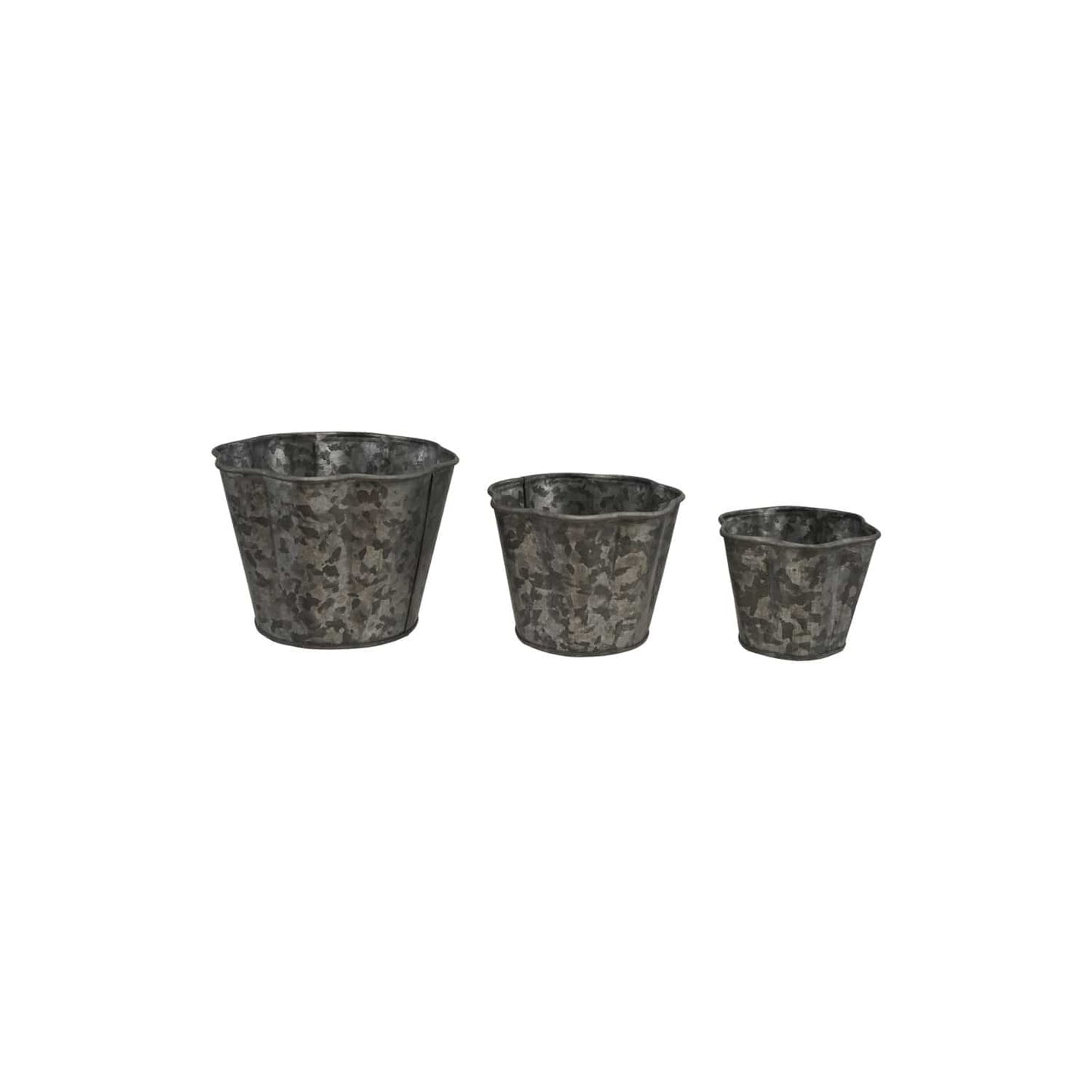Set of three galvanized metal scalloped planters in graduating sizes, weathered gray finish