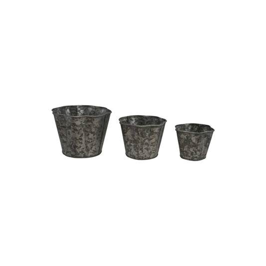 Set of three galvanized metal scalloped planters in graduating sizes, weathered gray finish