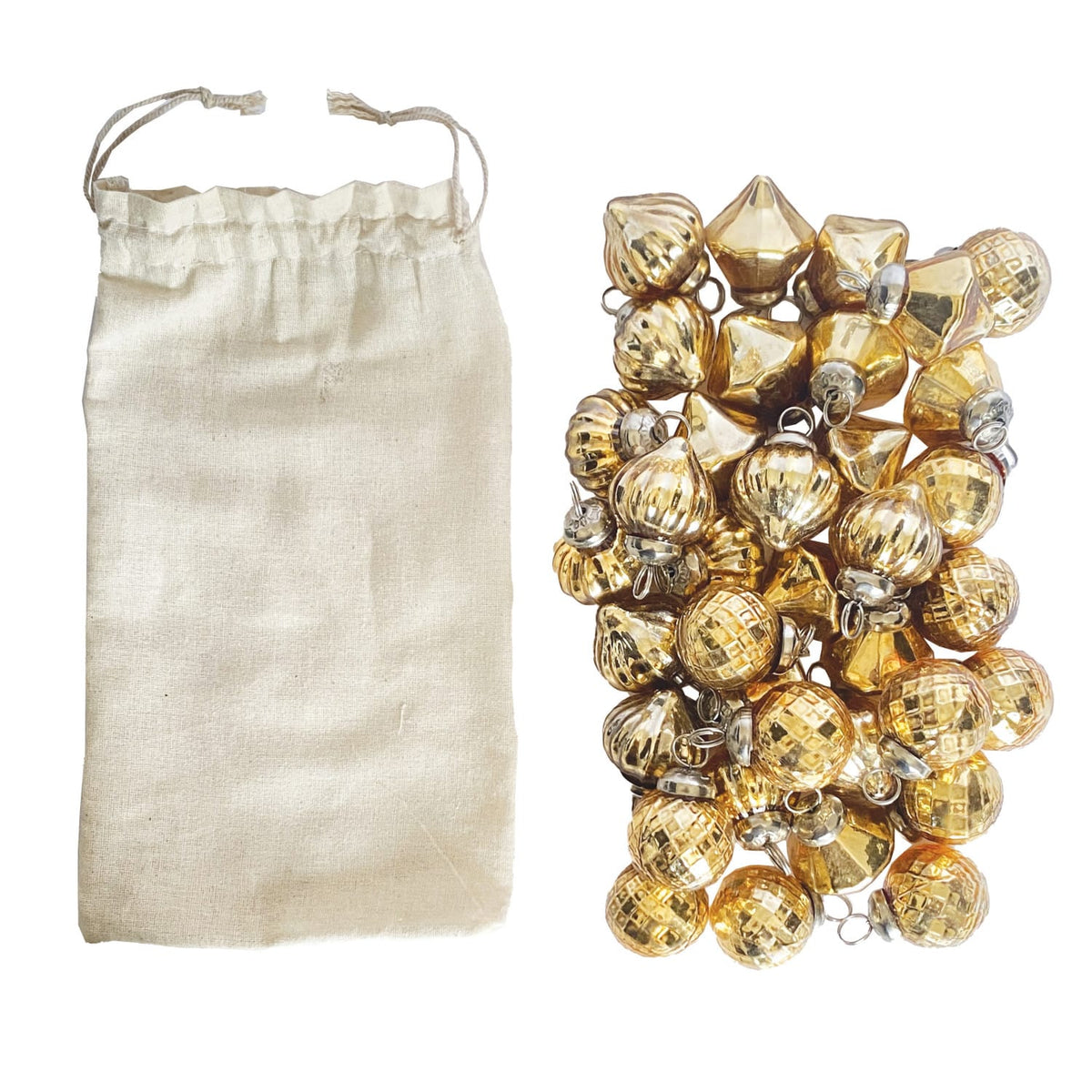 Set of 36 gold mercury glass ornaments in assorted shapes with muslin drawstring bag