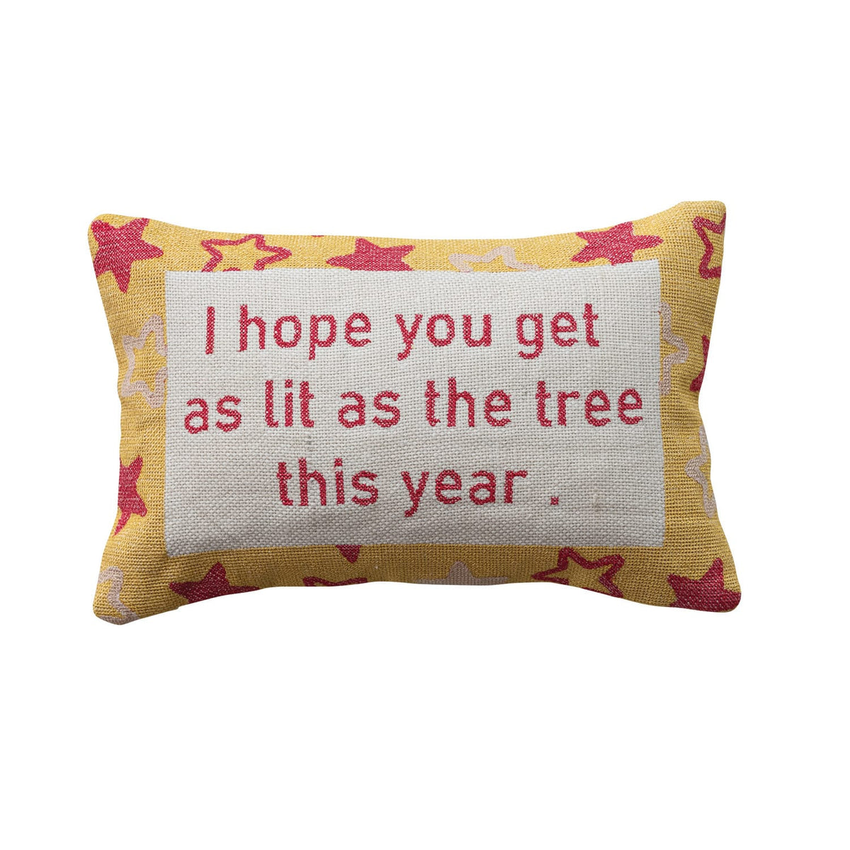 Yellow lumbar pillow with red stars and humorous holiday embroidered text
