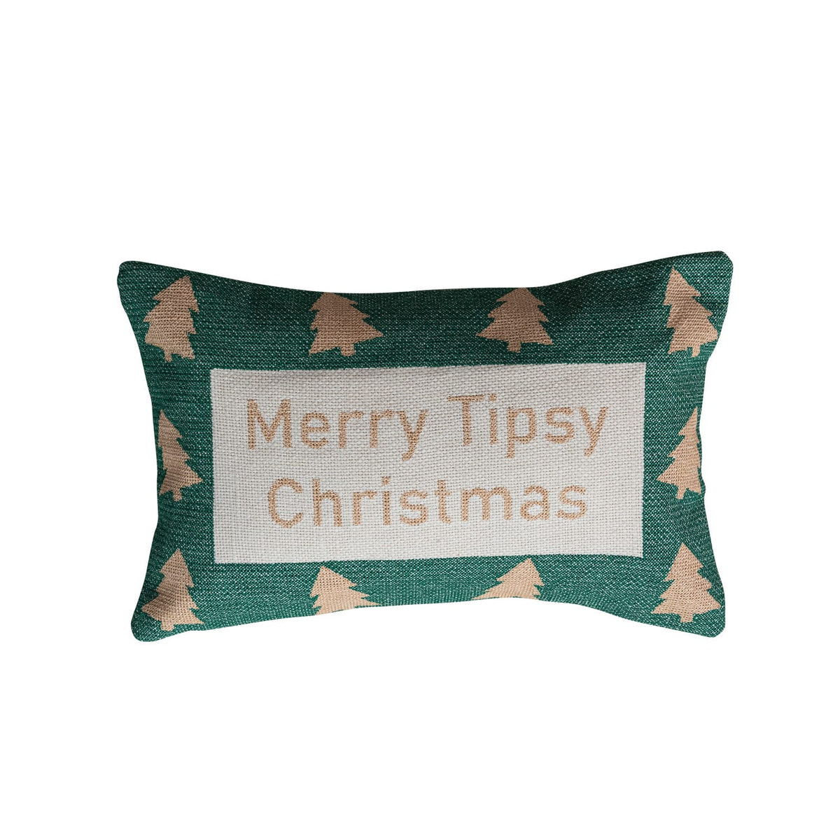 Green lumbar pillow with tan Christmas trees and Merry Tipsy Christmas text