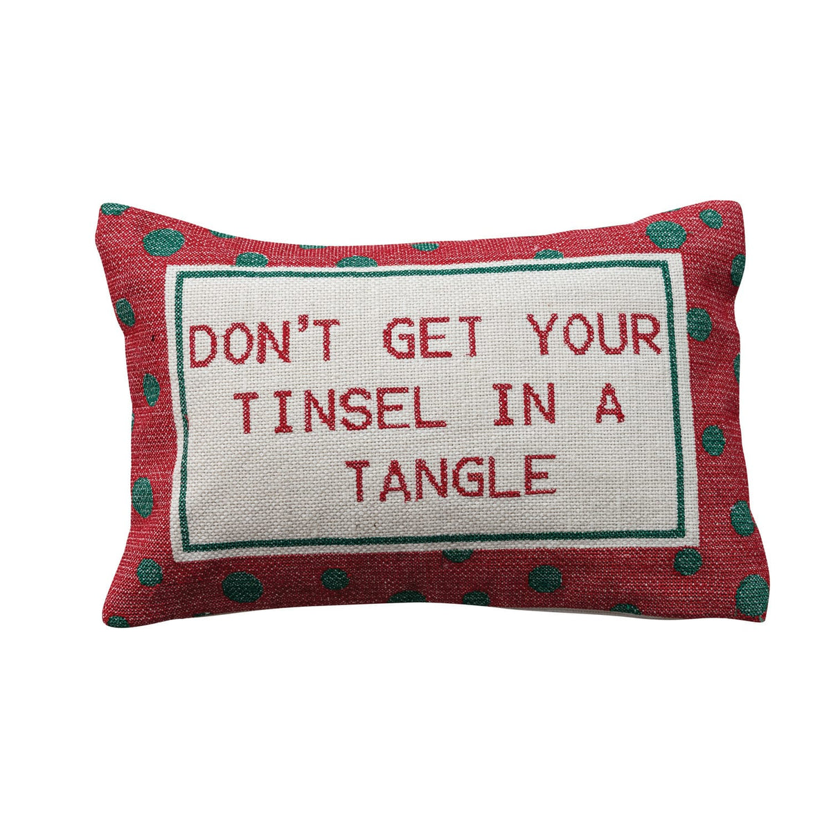 Red polka dot lumbar pillow with embroidered holiday phrase in white panel