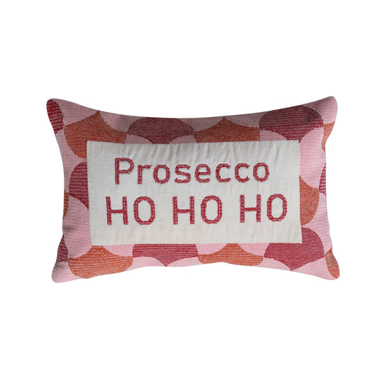 Pink and rust geometric lumbar pillow with embroidered Prosecco HO HO HO text panel