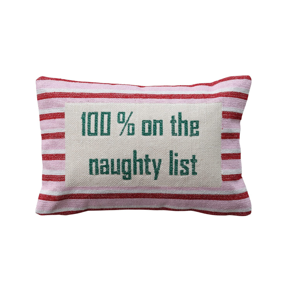 Striped cotton lumbar pillow with green embroidered naughty list holiday text