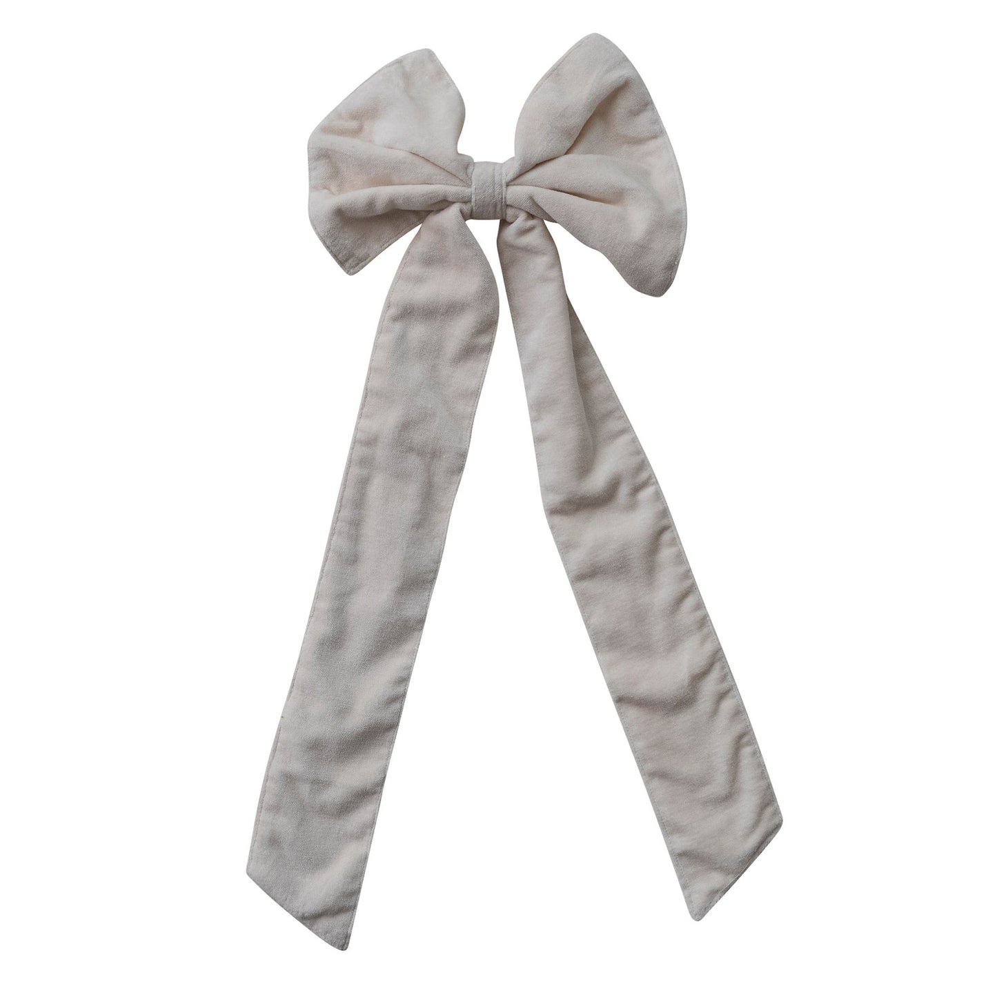Cream cotton velvet bow with long flowing tails and structured loops on white background