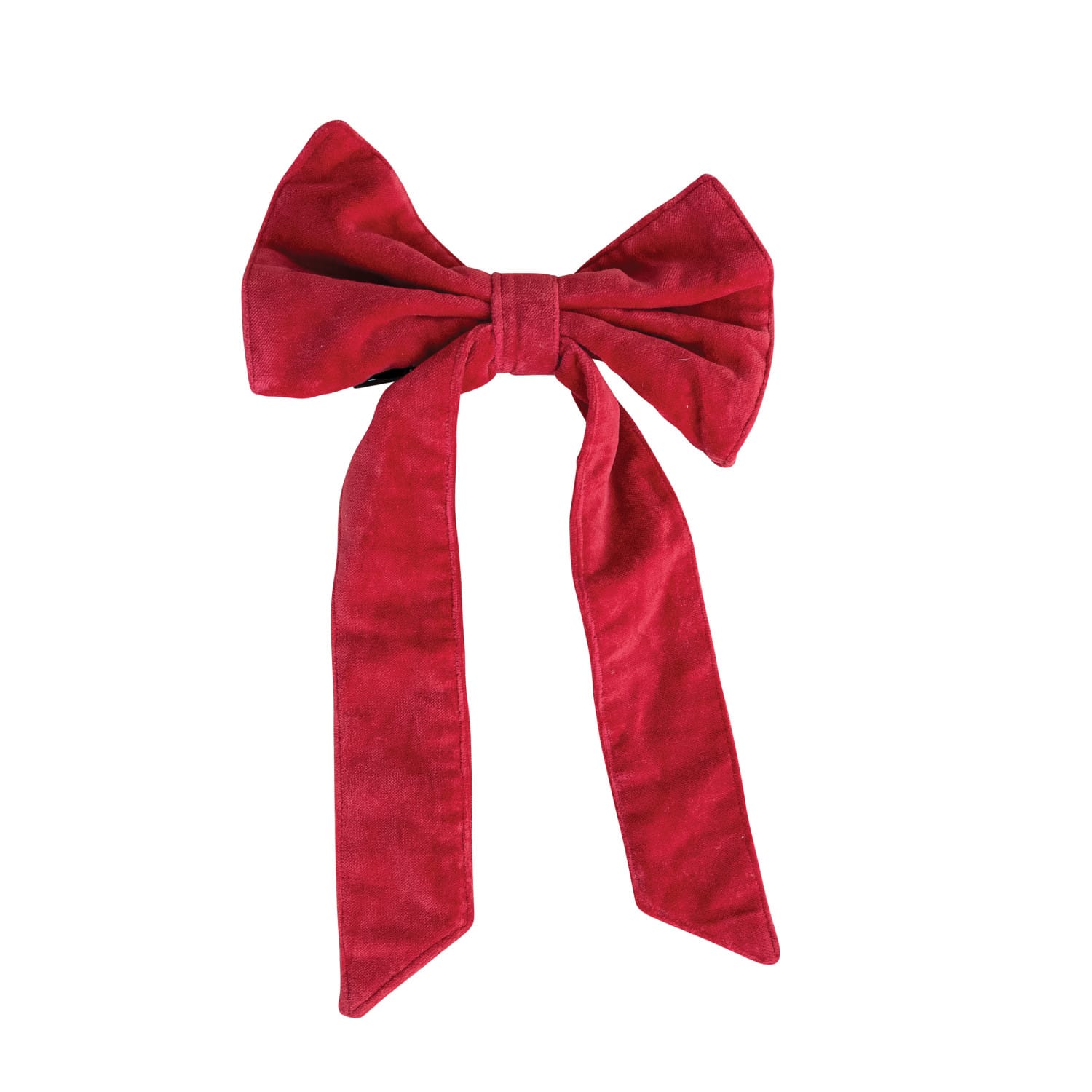 Red cotton velvet clip-on bow with long trailing tails and double loops