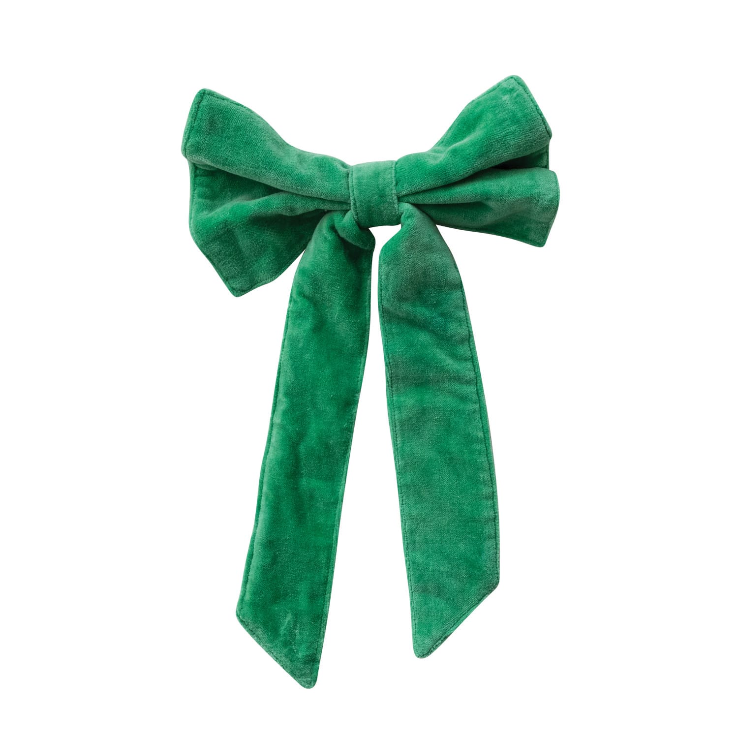 Kelly green cotton velvet clip-on bow with long tapered tails and full loops