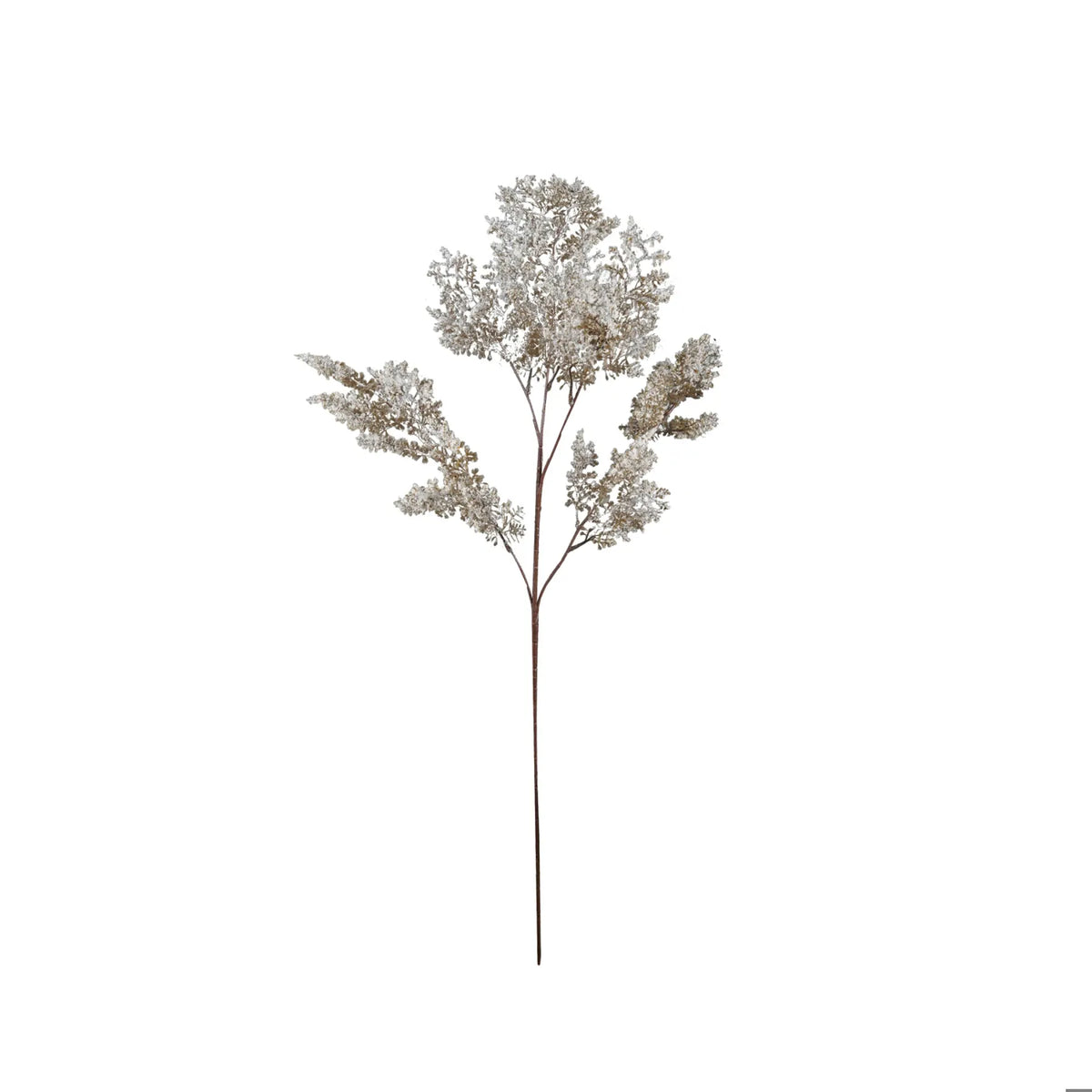 Faux juniper branch with snow-dusted white and brown finish on single stem