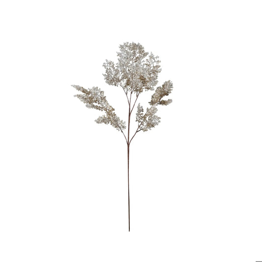 Faux juniper branch with snow-dusted white and brown finish on single stem
