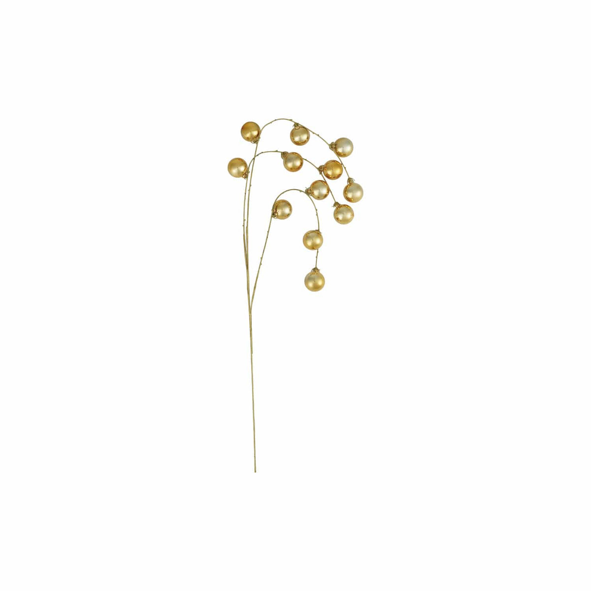 Gold plastic ball ornament spray pick with 12 shiny spheres on wire stem
