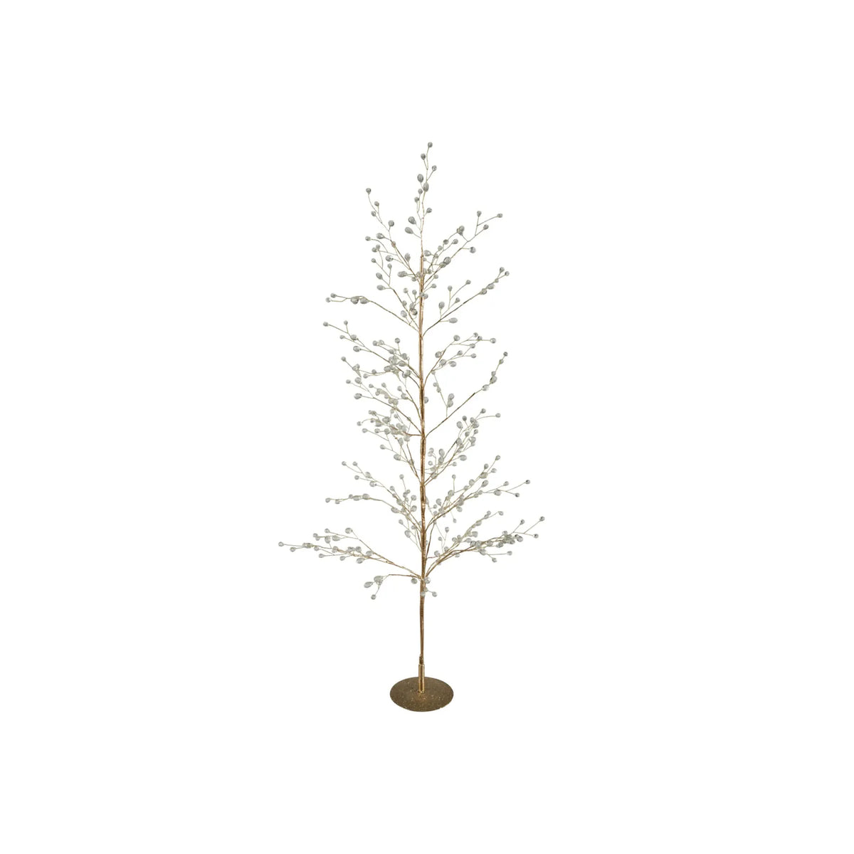 Slim gold metal wire tree with frosted acrylic jewel buds on circular base