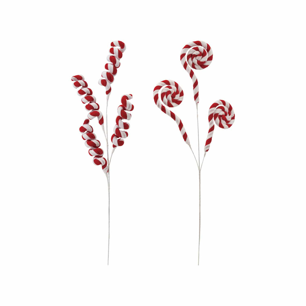 Red and white striped chenille candy swirl decorative wire sprays, 2 styles