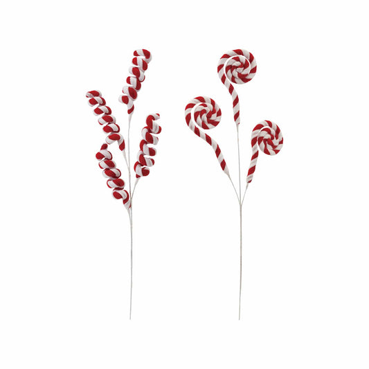 Red and white striped chenille candy swirl decorative wire sprays, 2 styles