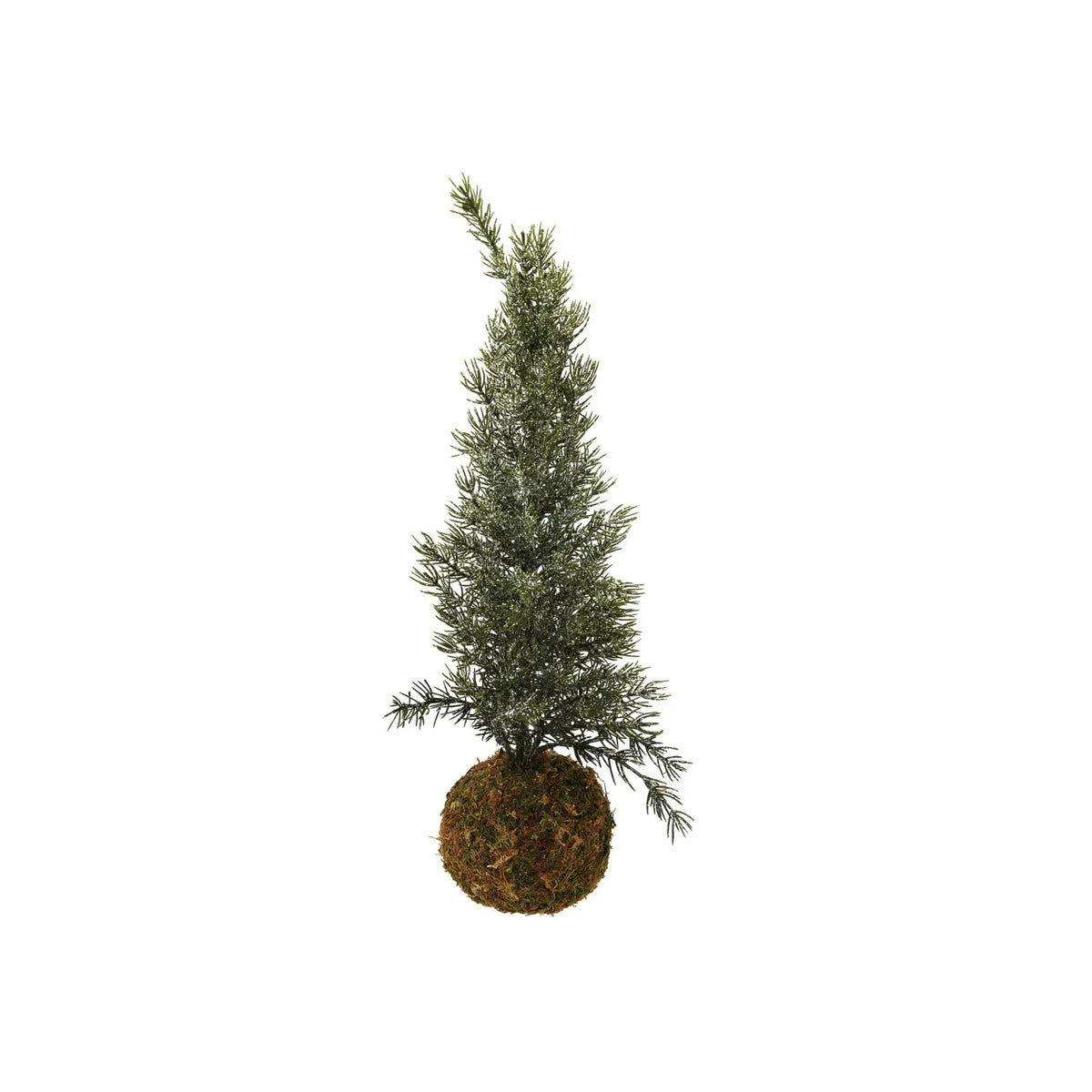 Frosted faux fir tree with natural moss ball base, 21.5 inches tall