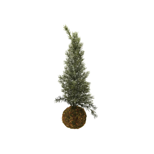 Frosted faux fir tree with natural moss ball base, 21.5 inches tall