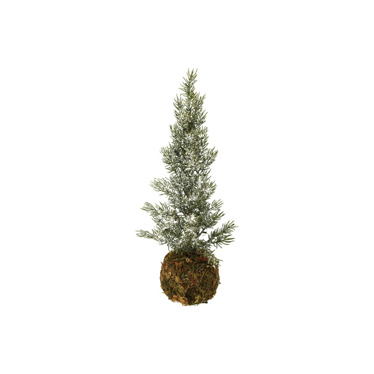 Small faux frosted fir tree with natural moss ball base, 15.75 inches tall
