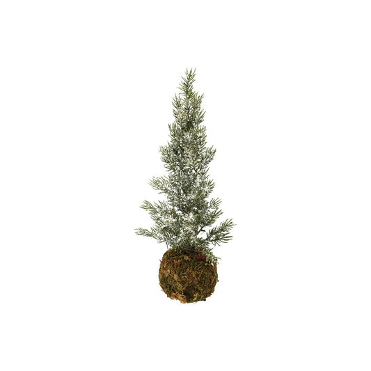 Small faux frosted fir tree with natural moss ball base, 15.75 inches tall