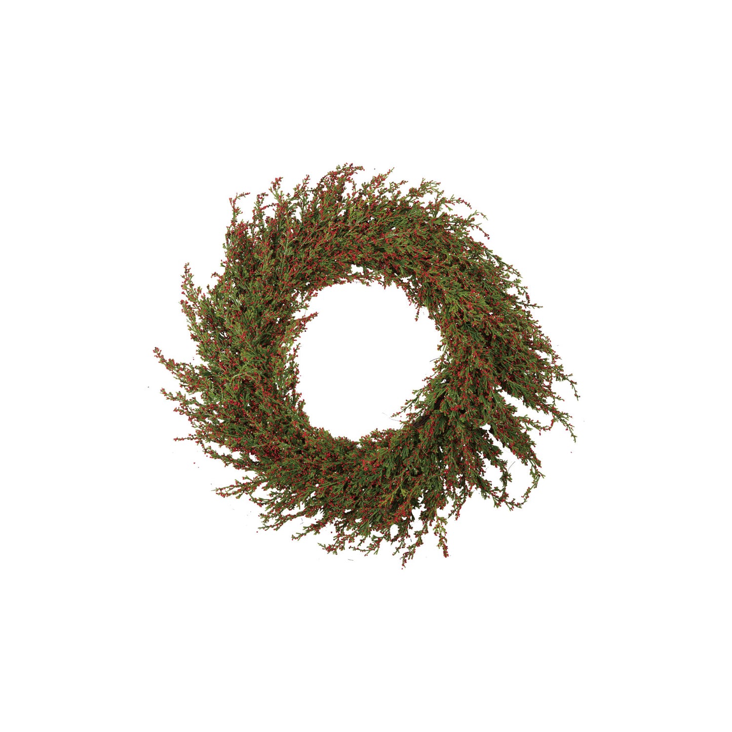 Faux cypress wreath with red berries, green foliage, natural twig accents, 32 inches