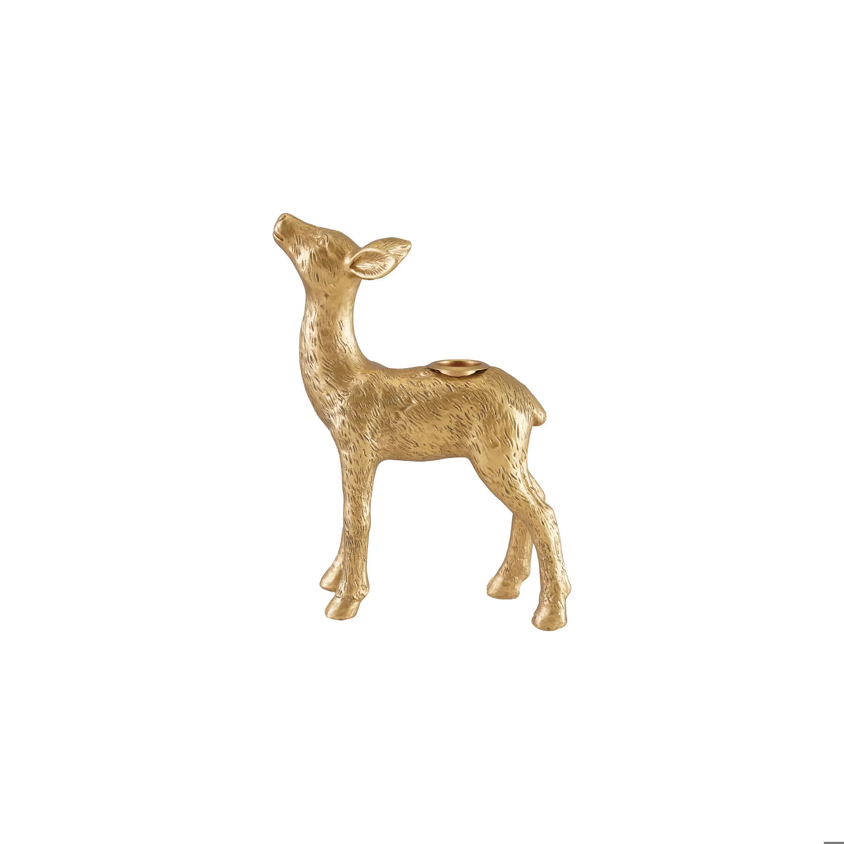 Gold antique finish resin fawn deer figurine taper candle holder with textured detail