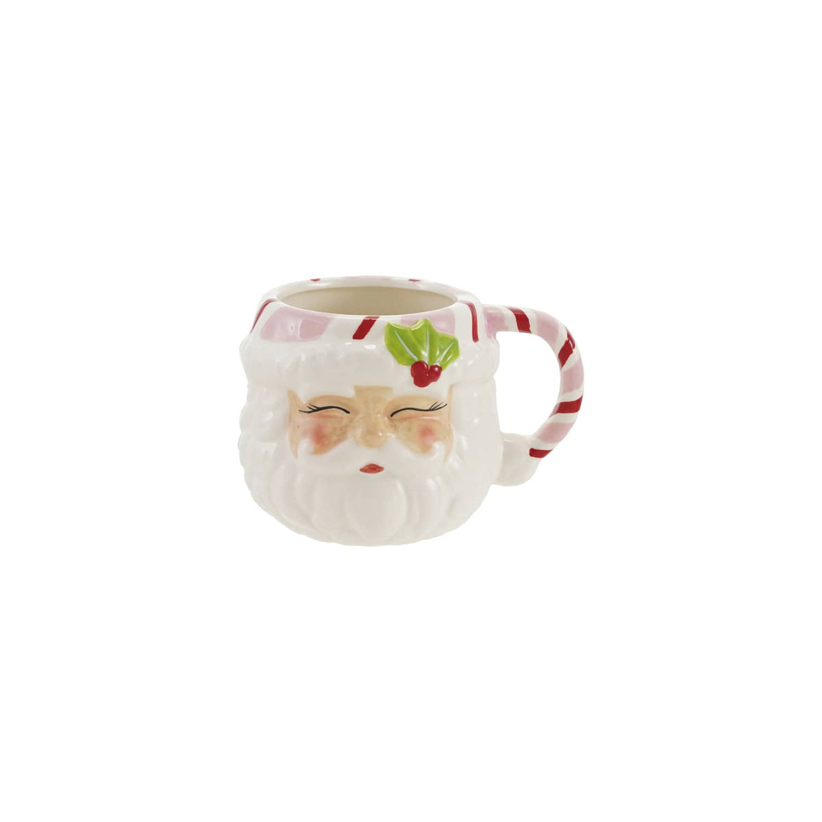 Hand-painted ceramic Santa face mug with candy cane handle and holly detail, 12 oz