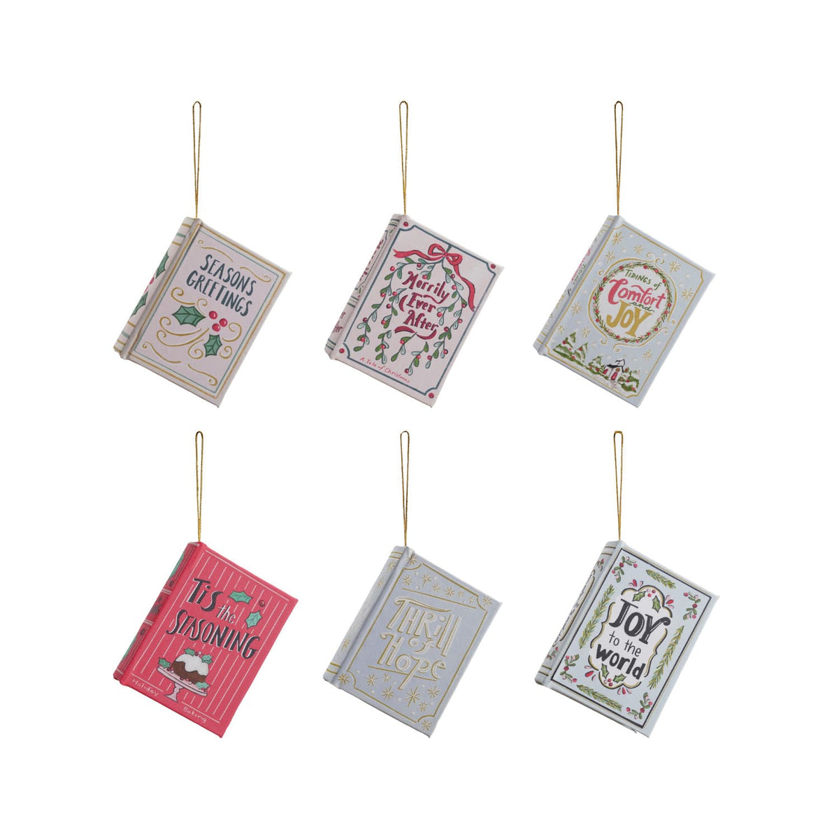 Set of 6 miniature Christmas book ornaments with holiday phrases and gold hanging loops