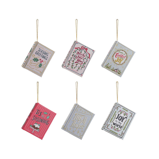 Set of 6 miniature Christmas book ornaments with holiday phrases and gold hanging loops