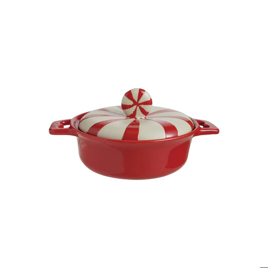 Red stoneware baker with peppermint swirl striped lid and side handles