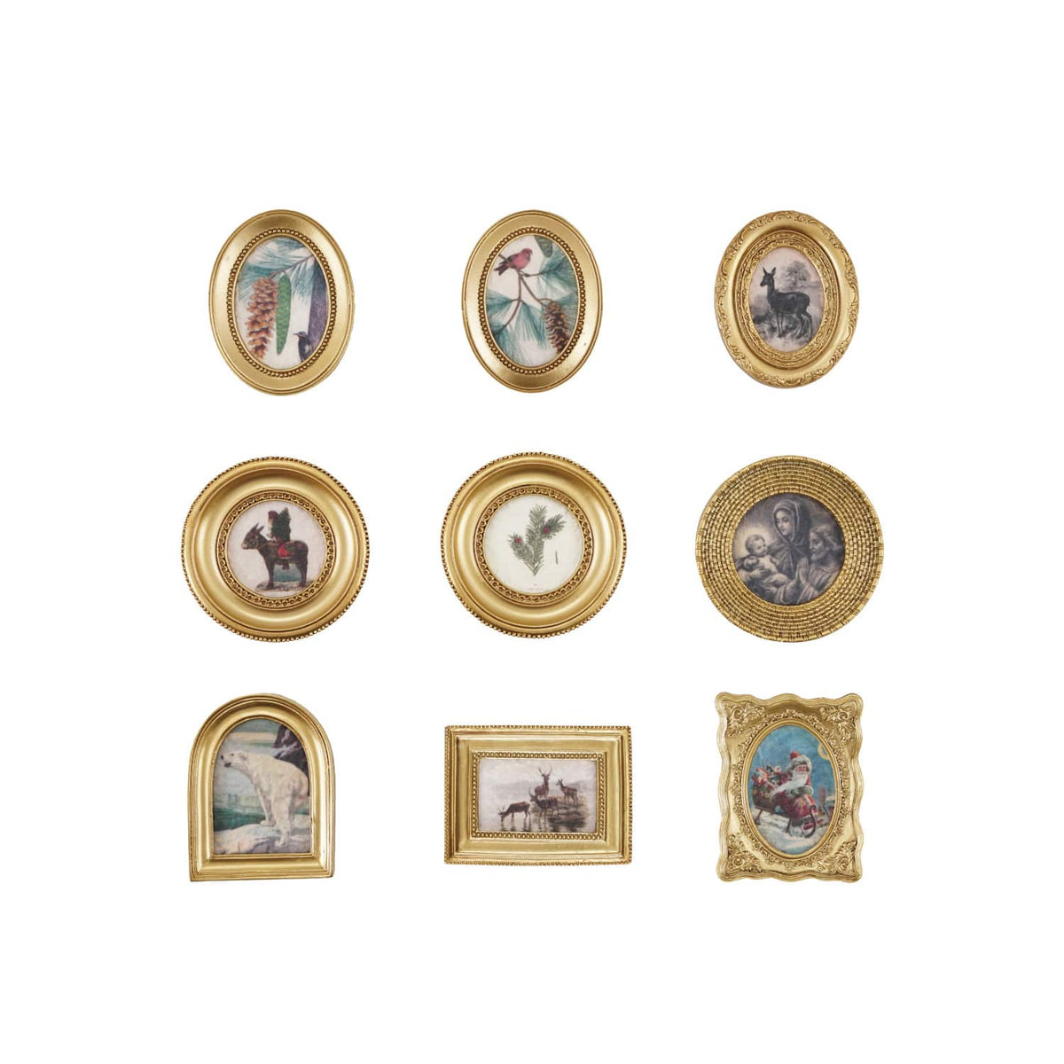Nine gold-finish resin mini frames with vintage nature, holiday, and religious art magnets